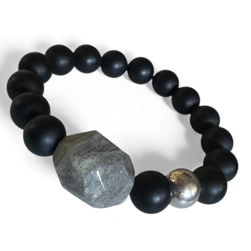 Classic Matte Black Onyx & Labradorite Stretch Bracelet Sterling Silver